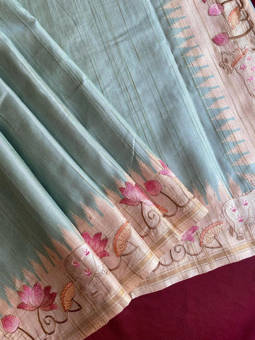 Fugacious Sea Green Embroidery Work Tussar Silk Saree With Invaluable Blouse Piece