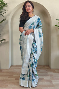 Marvellous Off White And Blue Sequence Work Organza Silk Saree With Designer Blouse Piece