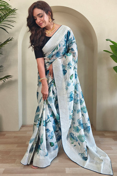 Marvellous Off White And Blue Sequence Work Organza Silk Saree With Designer Blouse Piece