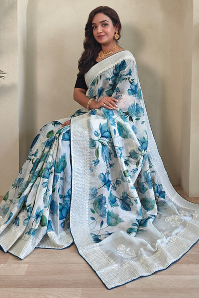 Marvellous Off White And Blue Sequence Work Organza Silk Saree With Designer Blouse Piece