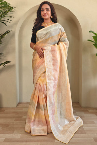 Symmetrical Peach Sequence Work Organza Silk Saree With Pulsating Blouse Piece