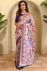 Wonderful Lavender Paithani Silk Saree With Alluring Blouse Piece