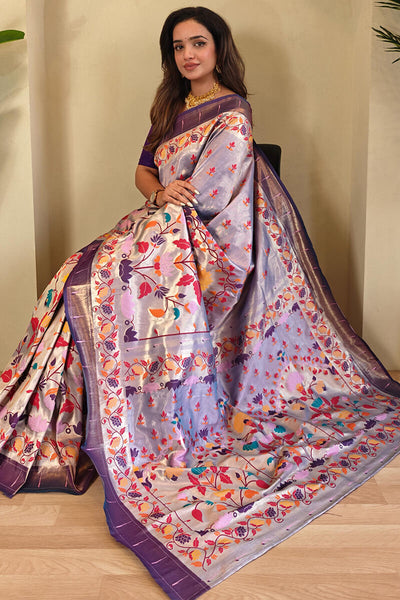 Wonderful Lavender Paithani Silk Saree With Alluring Blouse Piece