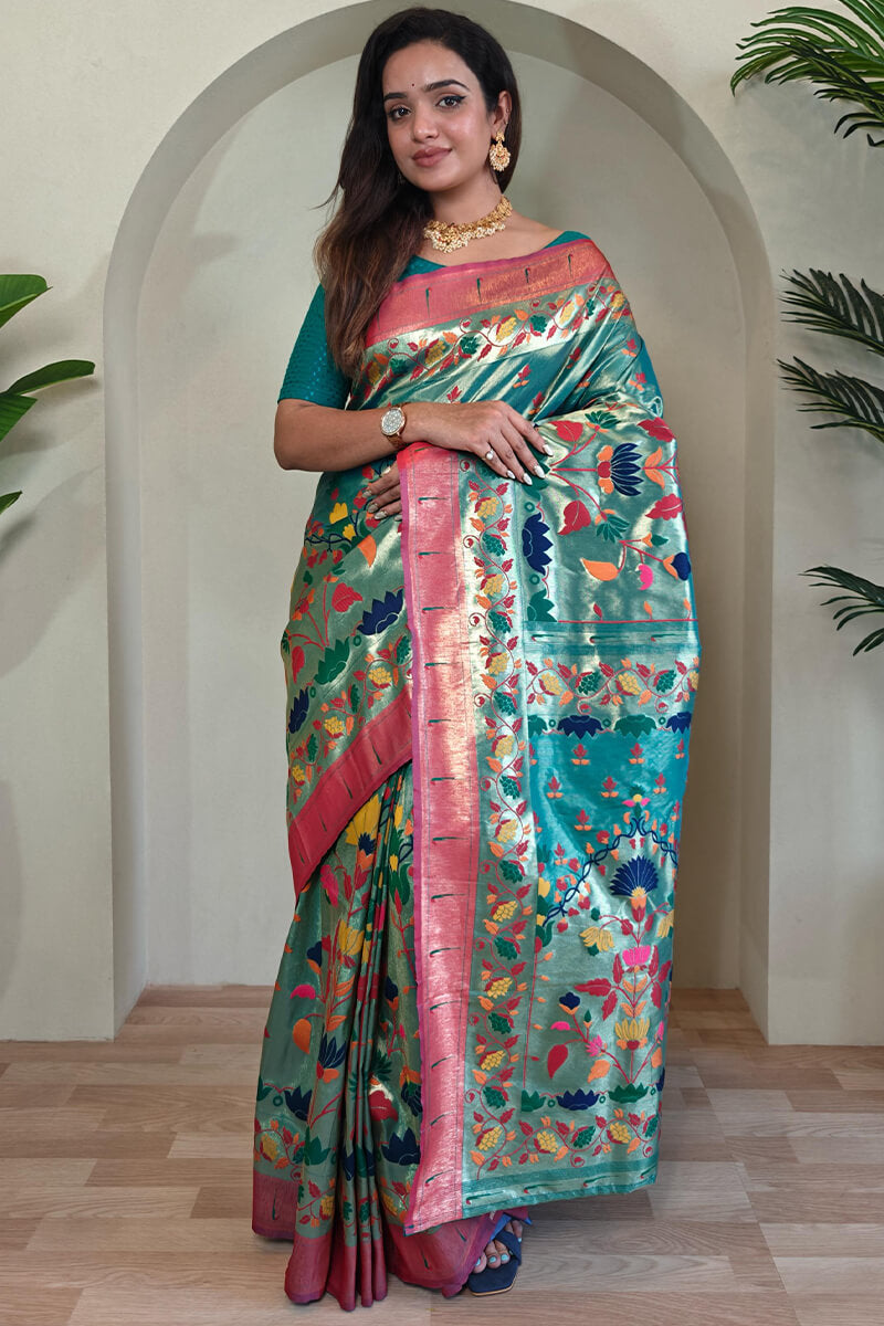 Bucolic Sea Green Paithani Silk Saree With Ratatouille Blouse Piece