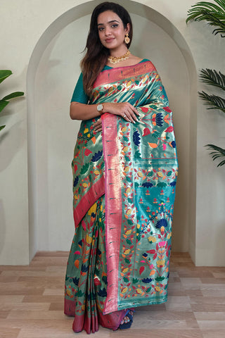 Bucolic Sea Green Paithani Silk Saree With Ratatouille Blouse Piece