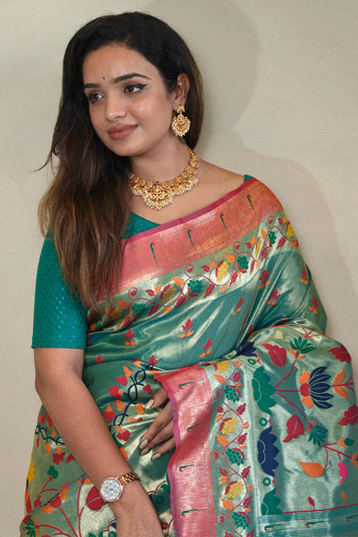Bucolic Sea Green Paithani Silk Saree With Ratatouille Blouse Piece