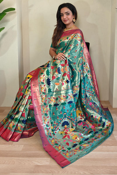 Bucolic Sea Green Paithani Silk Saree With Ratatouille Blouse Piece