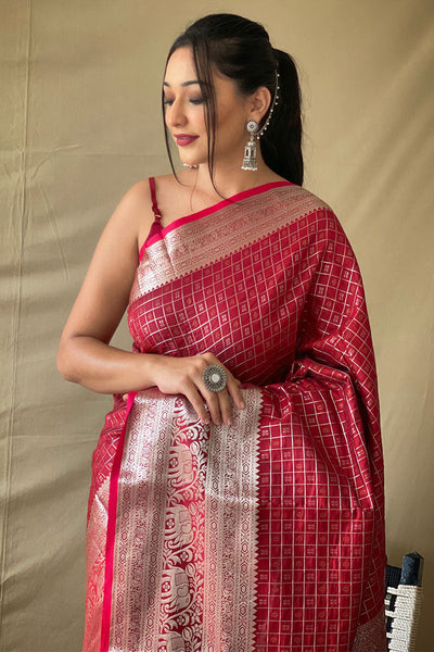 Ailurophile Maroon Soft Banarasi Silk Saree With Scintilla Blouse Piece