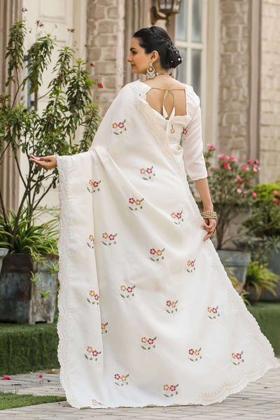 Radiant Off White Embroidery Work Tussar Silk Saree With Blooming Blouse Piece