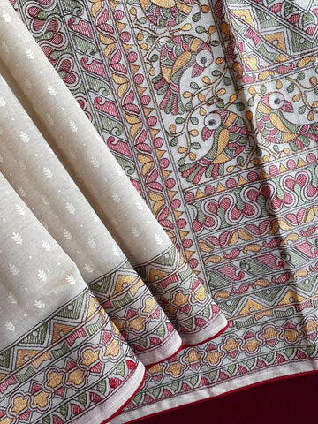 Flattering Off White Embroidery Work Tussar Silk Saree With Amiable Blouse Piece