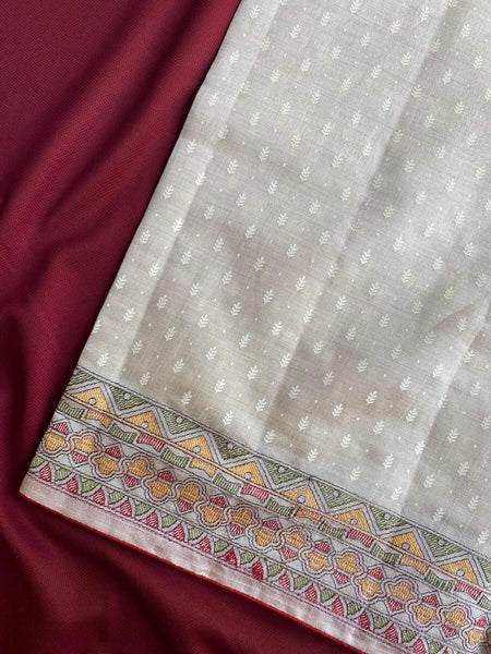 Flattering Off White Embroidery Work Tussar Silk Saree With Amiable Blouse Piece