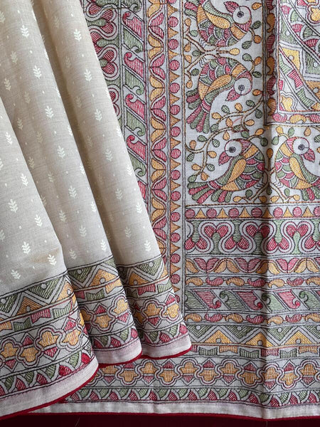 Flattering Off White Embroidery Work Tussar Silk Saree With Amiable Blouse Piece