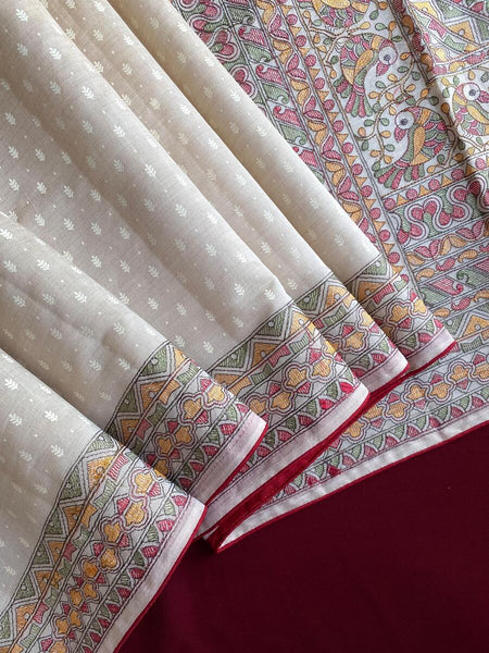 Flattering Off White Embroidery Work Tussar Silk Saree With Amiable Blouse Piece