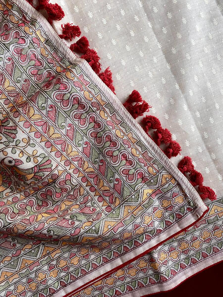 Flattering Off White Embroidery Work Tussar Silk Saree With Amiable Blouse Piece