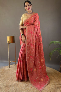 Tempting Pink Embroidery Work Tussar Silk Saree With Imaginative Blouse Piece