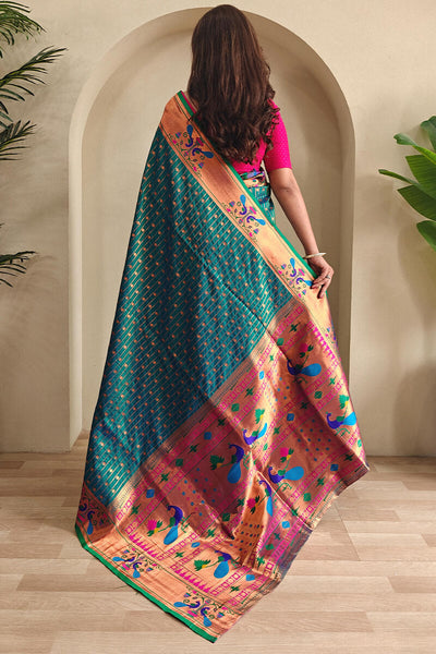 Blooming Rama Paithani Silk Saree With Energetic Blouse Piece