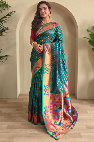 Blooming Rama Paithani Silk Saree With Energetic Blouse Piece
