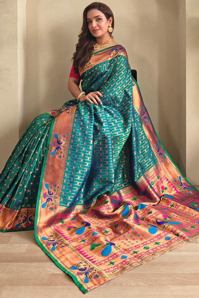 Blooming Rama Paithani Silk Saree With Energetic Blouse Piece