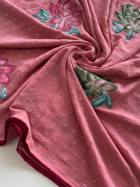 Ethnic Pink Handwork Crush Chiffon Silk Saree With Hypnotic Blouse Piece