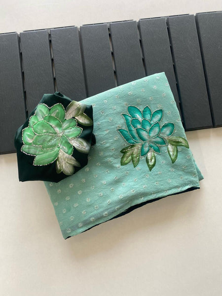 Scrumptious Sea Green Handwork Crush Chiffon Silk Saree With Aplomb Blouse Piece