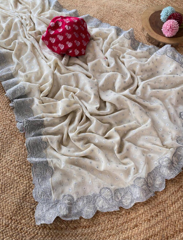 Seraglio Off White Embroidery Work Crush Chiffon Silk Saree With Gossamer Blouse Piece