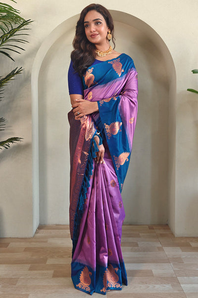 Breathtaking Lavender Soft Banarasi Silk Saree With Invaluable Blouse Piece