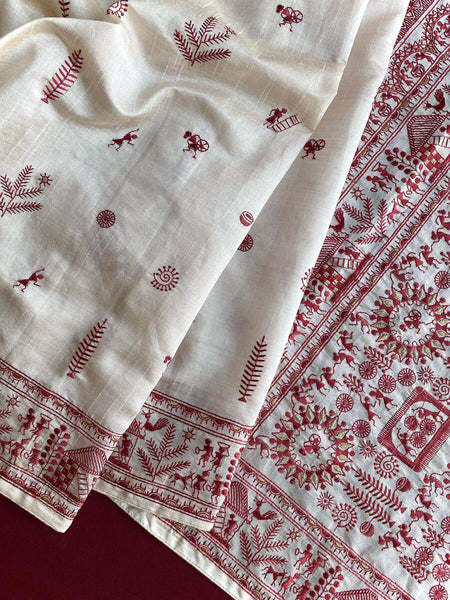 Mesmeric Off White Embroidery Work Tussar Silk Saree With Classic Blouse Piece