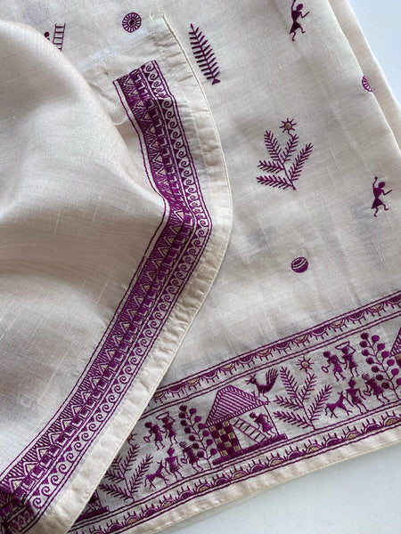 Deserving Off White Embroidery Work Tussar Silk Saree With Blooming Blouse Piece