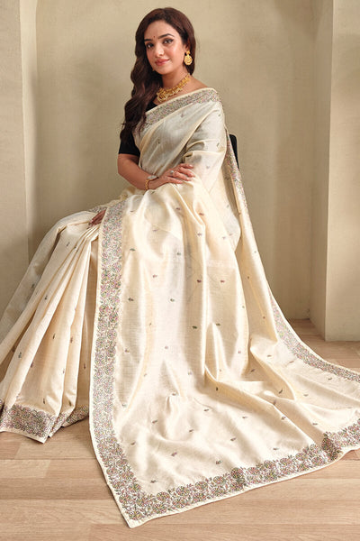 Hypnotic Beige Embroidery Work Tussar Silk Saree With Glorious Blouse Piece