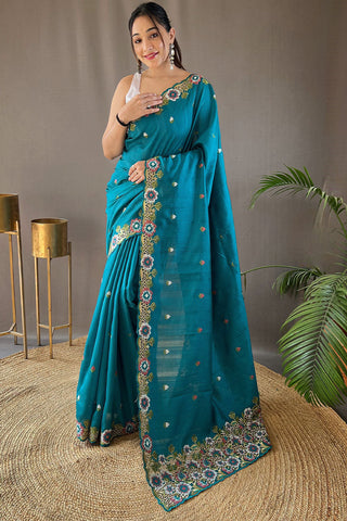 Traditional Firozi Embroidery Work Tussar Silk Saree With Demure Blouse Piece