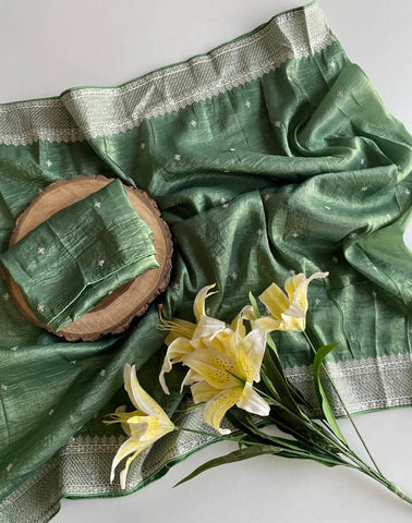 Impressive Green Embroidery Work Crush Silk Saree With Ravishing Blouse Piece