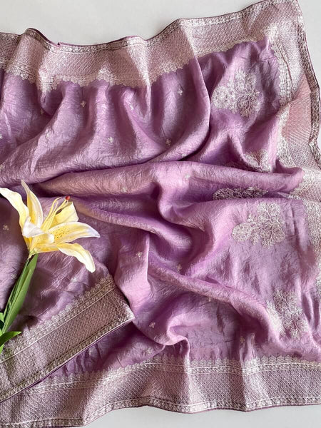 Prettiest Lavender Embroidery Work Crush Silk Saree With Angelic Blouse Piece