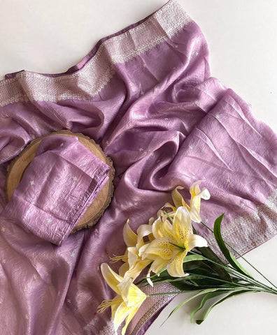 Prettiest Lavender Embroidery Work Crush Silk Saree With Angelic Blouse Piece