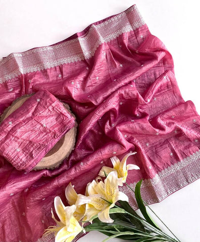 Sumptuous Pink Embroidery Work Crush Silk Saree With Pleasurable Blouse Piece