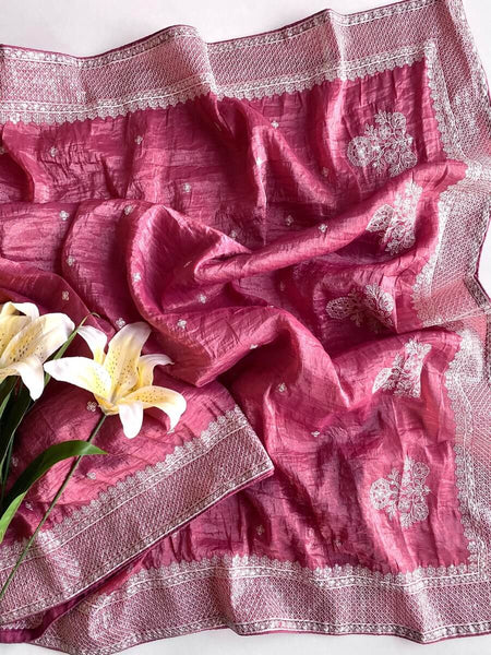 Sumptuous Pink Embroidery Work Crush Silk Saree With Pleasurable Blouse Piece