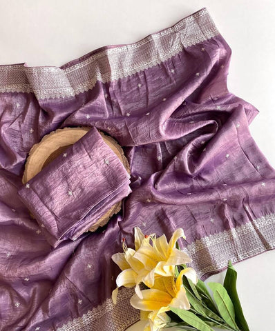Symmetrical Purple Embroidery Work Crush Silk Saree With Imaginative Blouse Piece