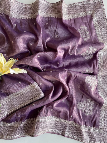Symmetrical Purple Embroidery Work Crush Silk Saree With Imaginative Blouse Piece