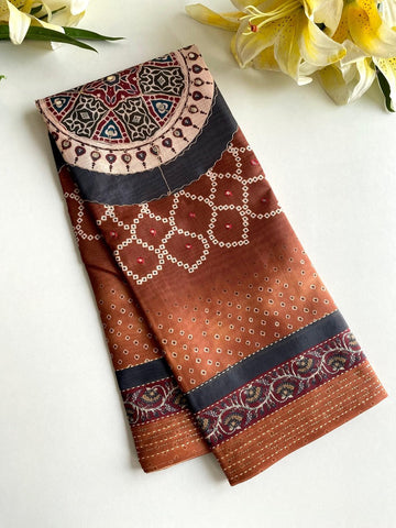 Energetic Brown Embroidery Work Soft Silk Saree With Phenomenal Blouse Piece