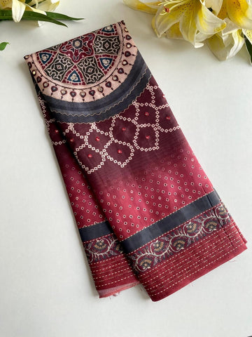 Majesty Maroon Embroidery Work Soft Silk Saree With Pleasant Blouse Piece