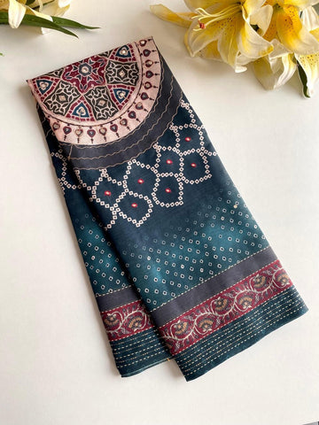 Traditional Rama Embroidery Work Soft Silk Saree With Excellent Blouse Piece