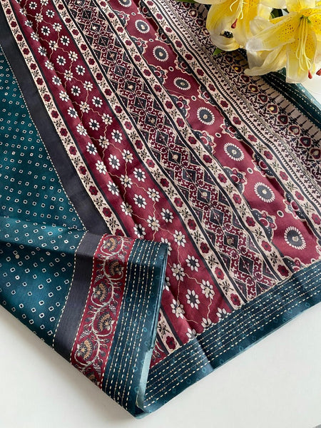 Traditional Rama Embroidery Work Soft Silk Saree With Excellent Blouse Piece