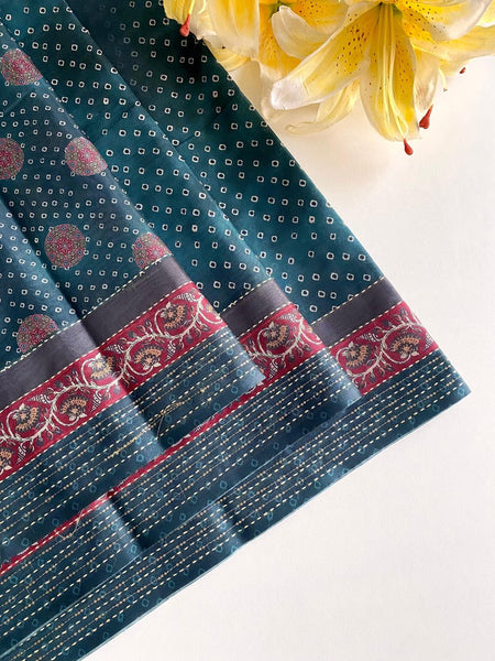 Traditional Rama Embroidery Work Soft Silk Saree With Excellent Blouse Piece