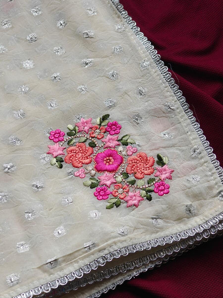 Jazzy Off White Embroidery Work Chiffon Silk Saree With Fragrant Blouse Piece