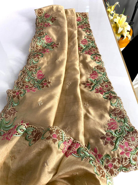 Precious Beige Embroidery Work Tussar Silk Saree With Attractive Blouse Piece