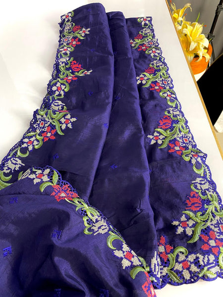 Fancifull Navy Blue Embroidery Work Tussar Silk Saree With Stunner Blouse Piece