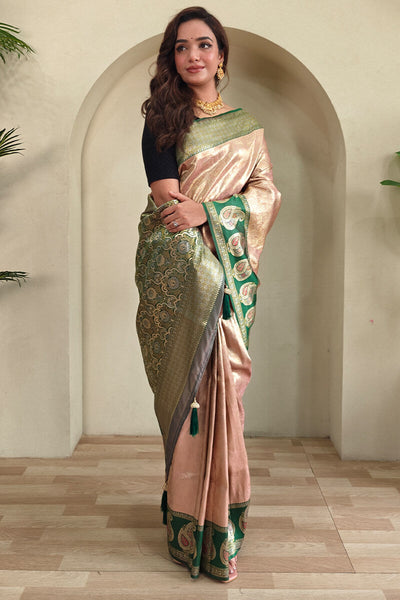 Sizzling Peach Kanjivaram Silk Saree With Pleasant Blouse Piece