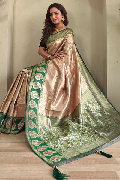 Sizzling Peach Kanjivaram Silk Saree With Pleasant Blouse Piece
