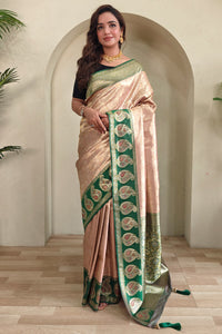 Sizzling Peach Kanjivaram Silk Saree With Pleasant Blouse Piece