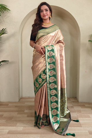 Sizzling Peach Kanjivaram Silk Saree With Pleasant Blouse Piece