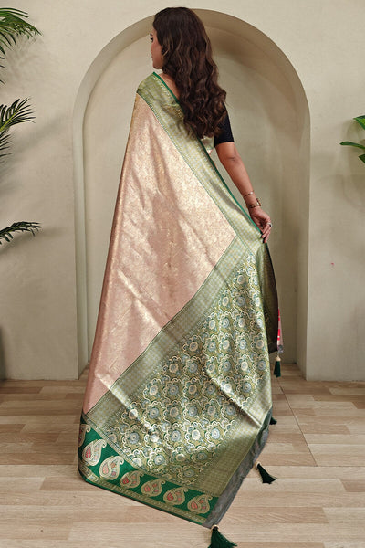 Sizzling Peach Kanjivaram Silk Saree With Pleasant Blouse Piece